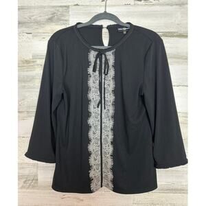 Karl Lagerfeld Womens M Black White Lace Long Sleeve Boho Business Blouse Top